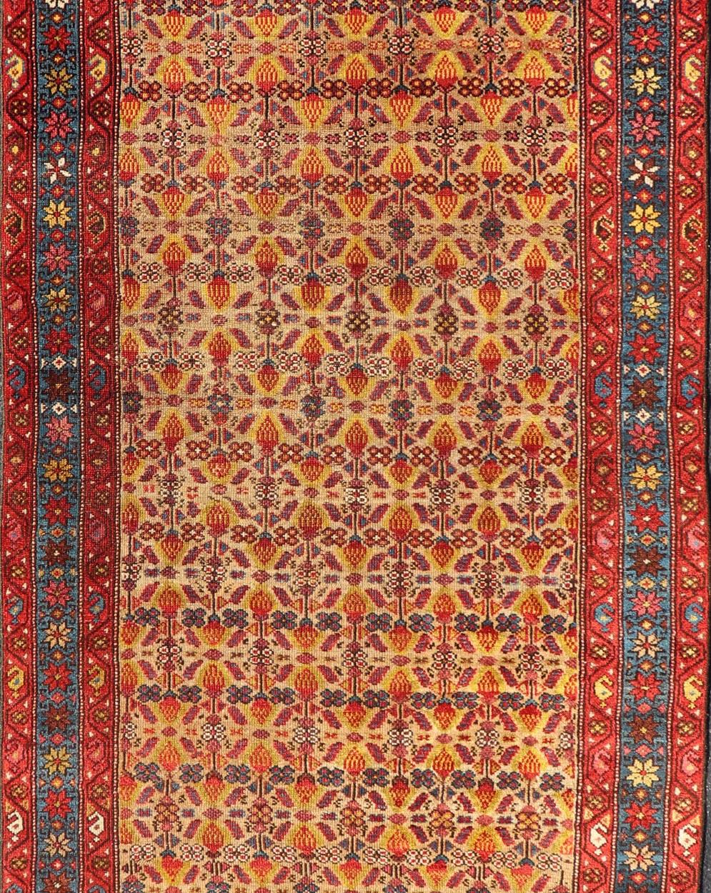 Perse Tapis de couloir persan ancien Malayer à motifs floraux rouge, or et bleu 3'10