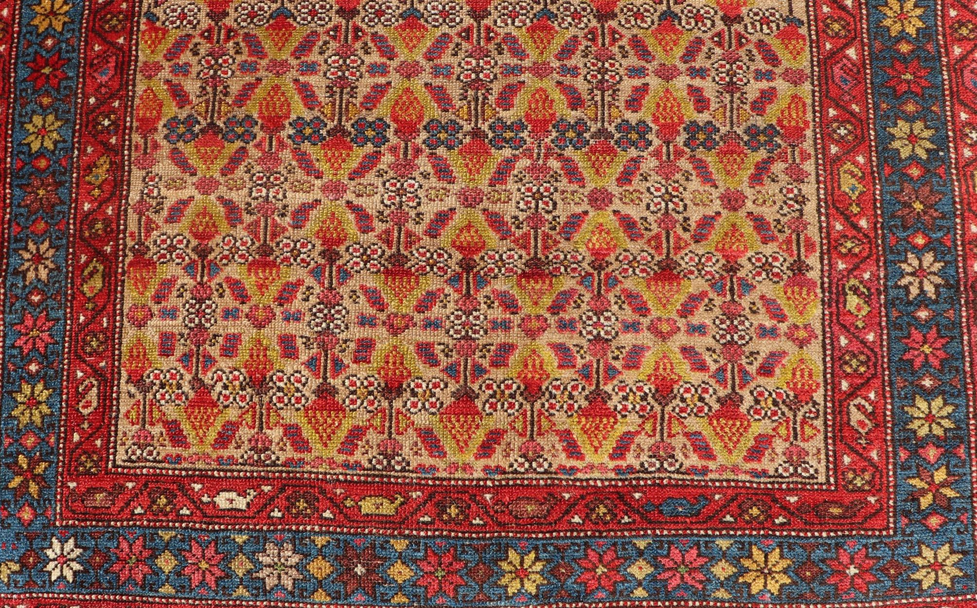 Laine Tapis de couloir persan ancien Malayer à motifs floraux rouge, or et bleu 3'10