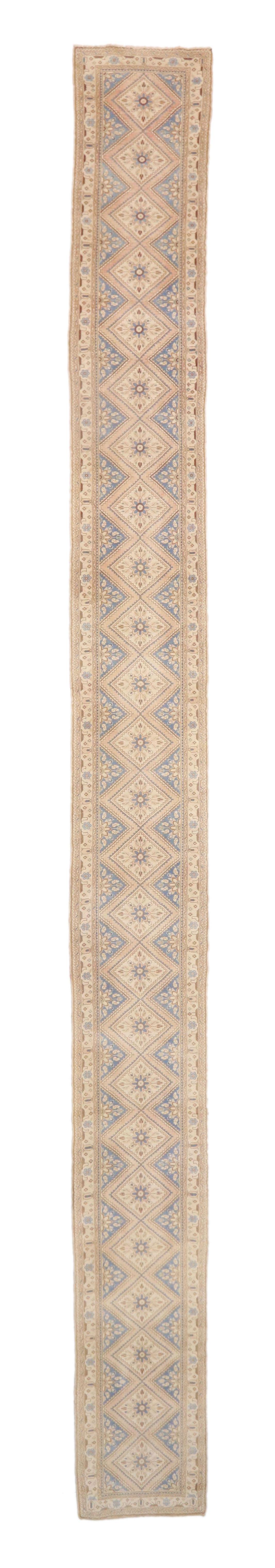 76902 Antique Persian Malayer Runner with French Provincial Style, Extra-Long Hallway Runner 02'05 x 25'07. With a well-balanced design and an impressive length combined with harmonious and subtle hues, this hand knotted wool antique Persian Malayer