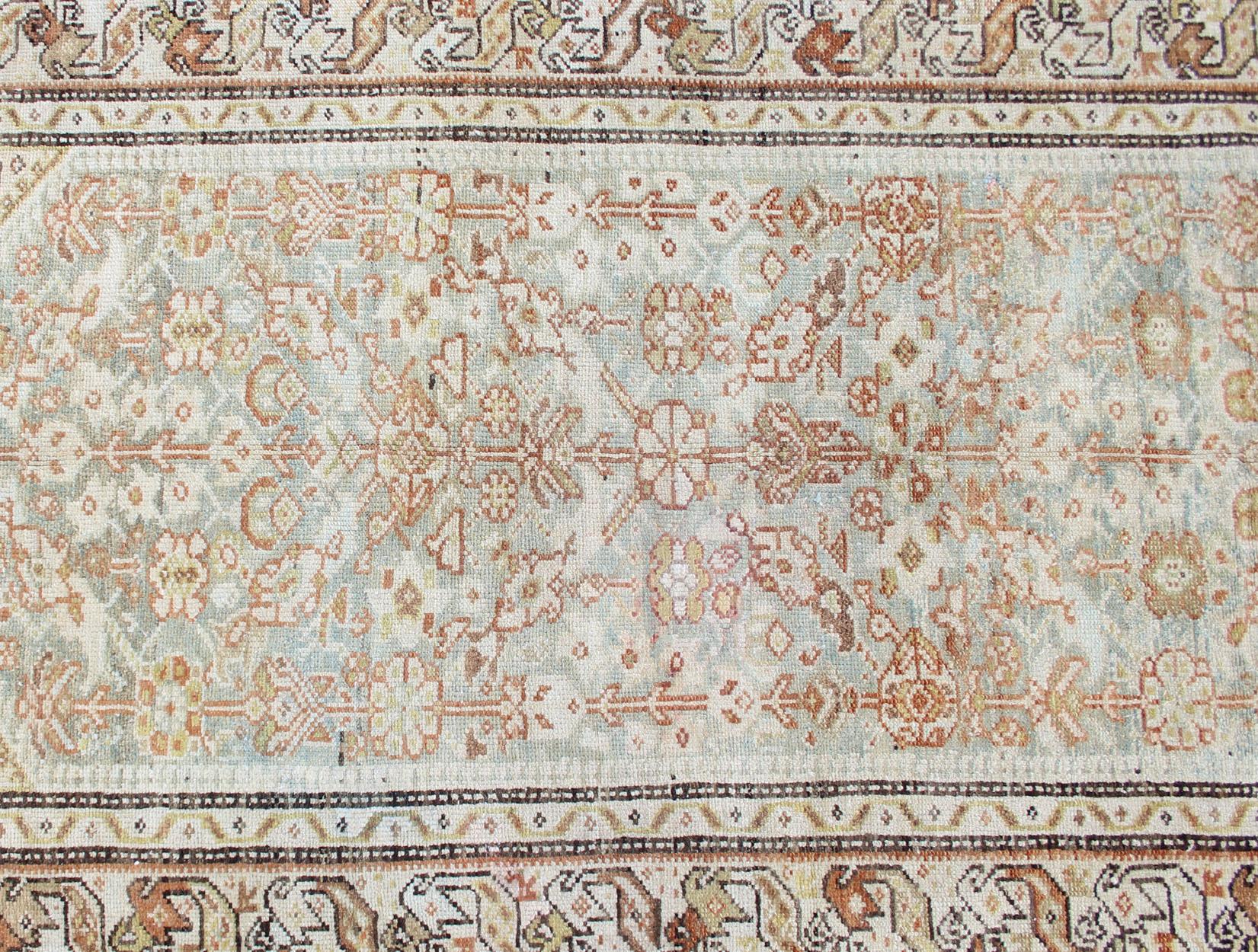 Antique Persian Malayer Runner with Geometric All-Over Design in Light Blue For Sale 4