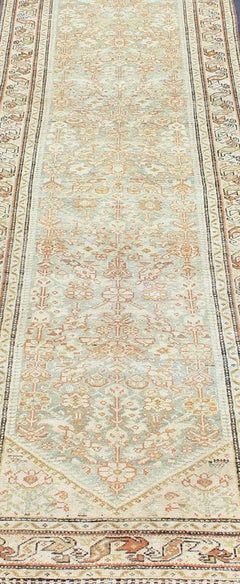 Antique Persian Malayer Runner with Geometric All-Over Design in Light Blue