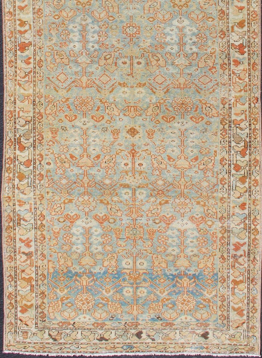 Hand-Knotted Antique Persian Malayer Runner with Geometric All-Over Design in Light Blue For Sale