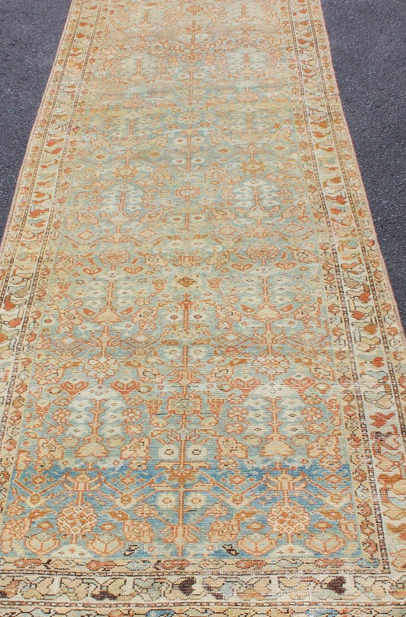 Early 20th Century Antique Persian Malayer Runner with Geometric All-Over Design in Light Blue For Sale