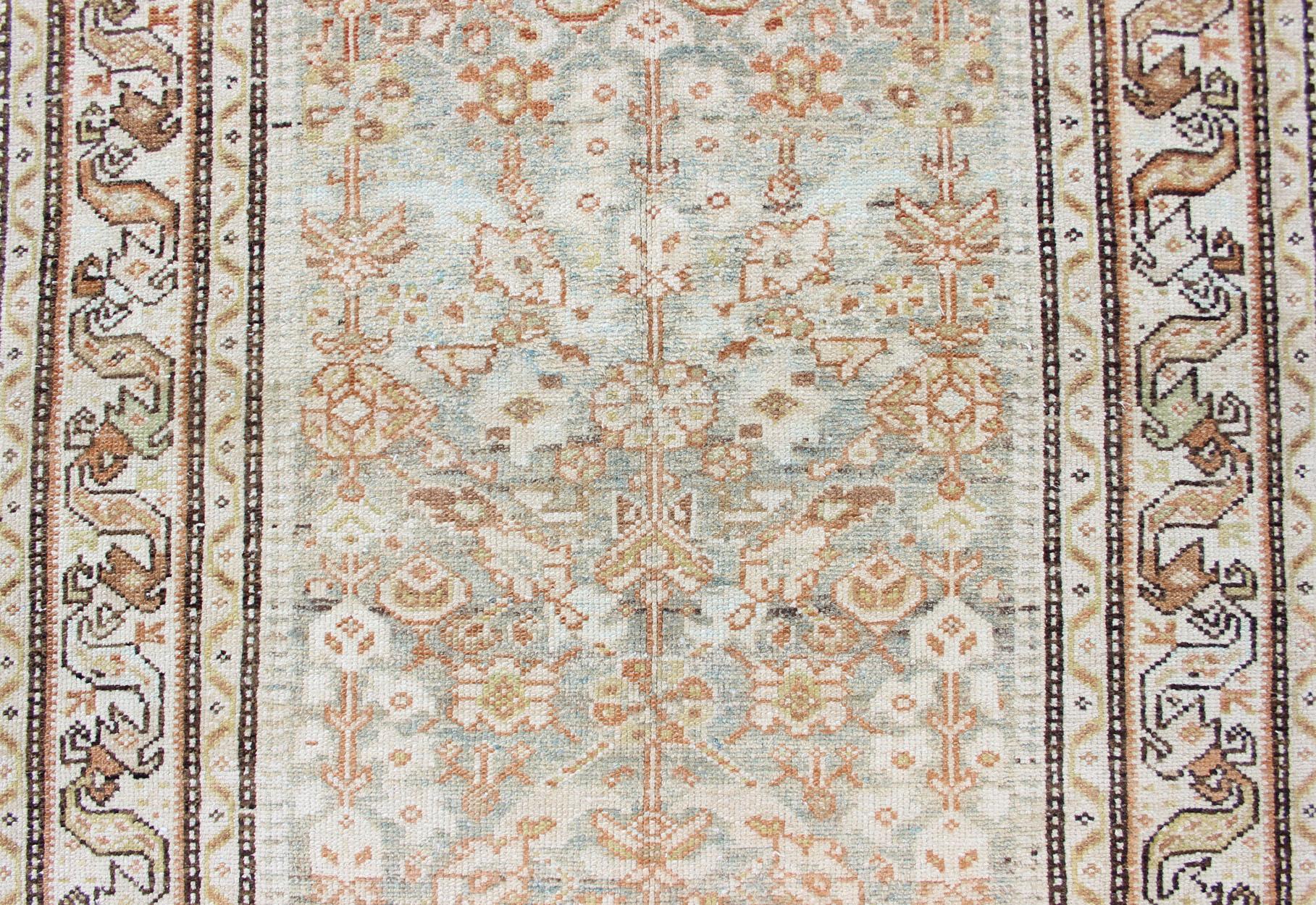 Wool Antique Persian Malayer Runner with Geometric All-Over Design in Light Blue For Sale