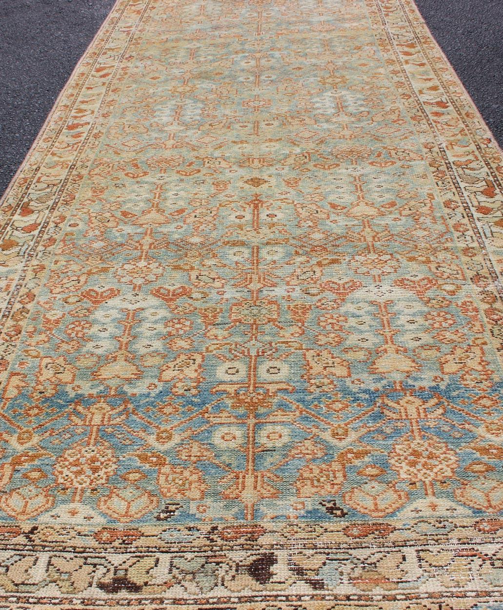Wool Antique Persian Malayer Runner with Geometric All-Over Design in Light Blue For Sale
