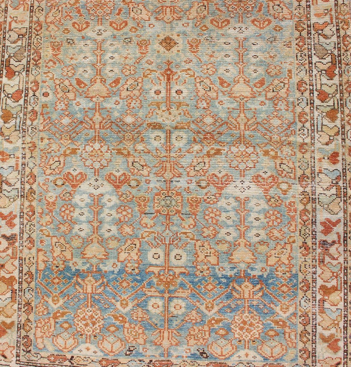Laine Tapis persan antique Malayer avec motif géométrique sur toute la surface en bleu clair en vente