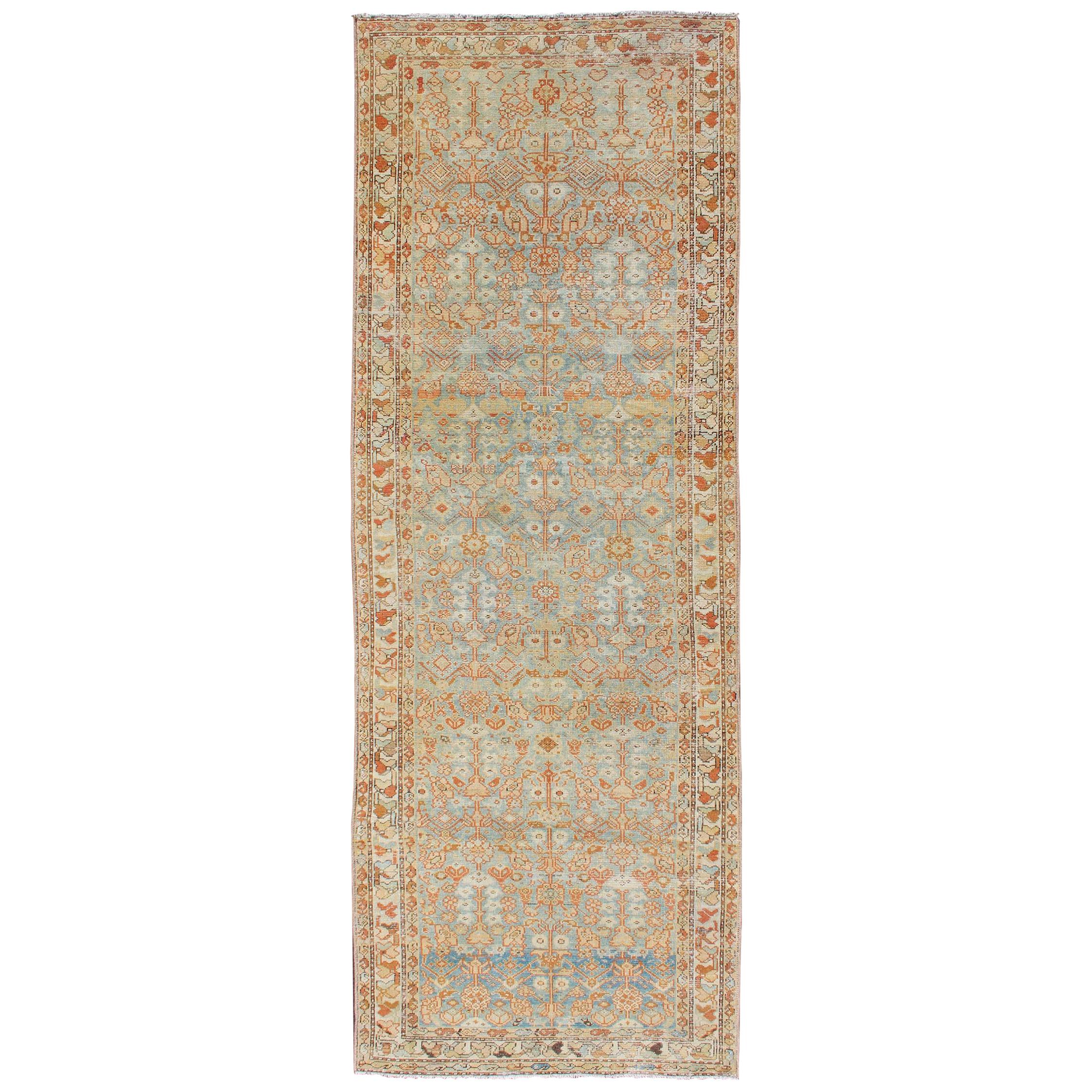 Antique Persian Malayer Runner with Geometric All-Over Design in Light Blue For Sale