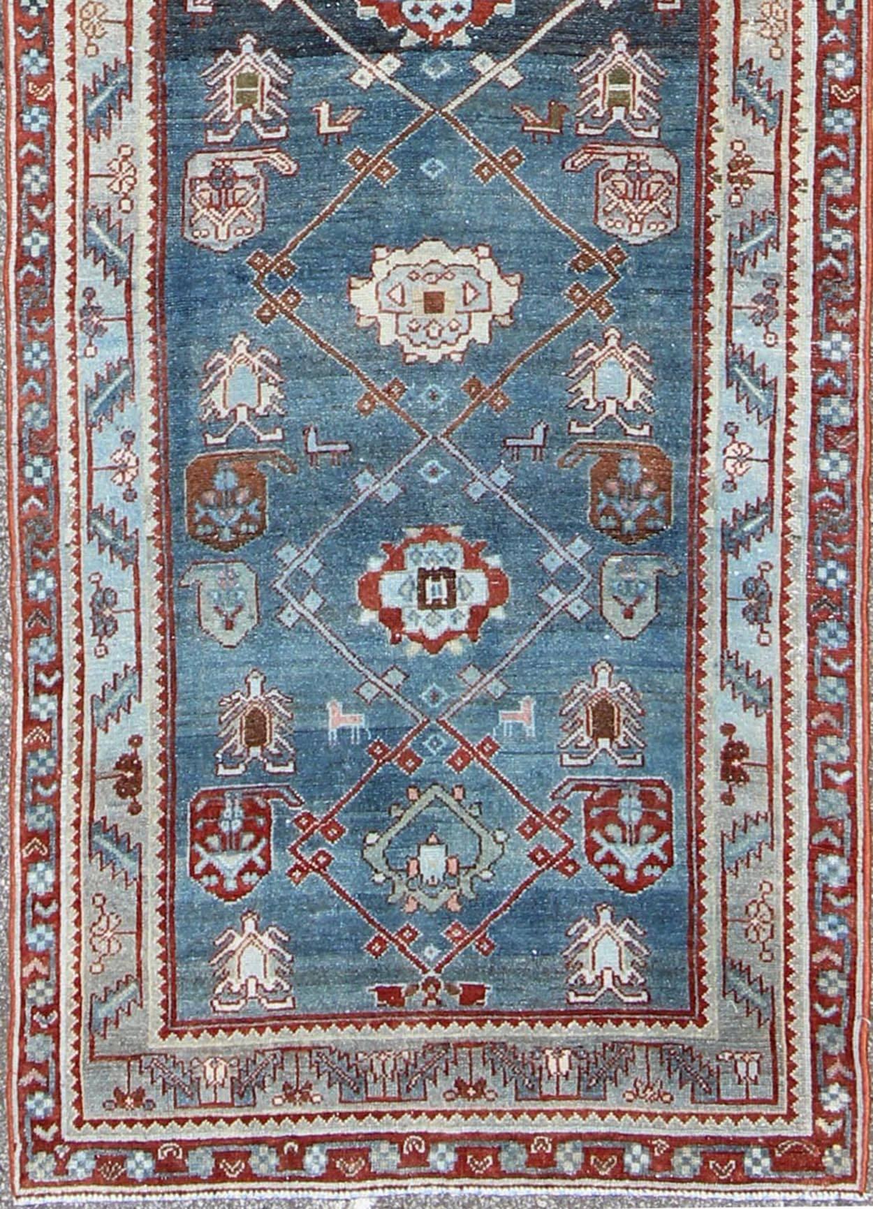 Vintage Persian Malayer runner with red geometric design and blue background, rug na-180016, country of origin / type: Iran / Malayer, circa 1910.
 
This magnificent early 20th century antique Persian Malayer runner bears a beautiful, all-over