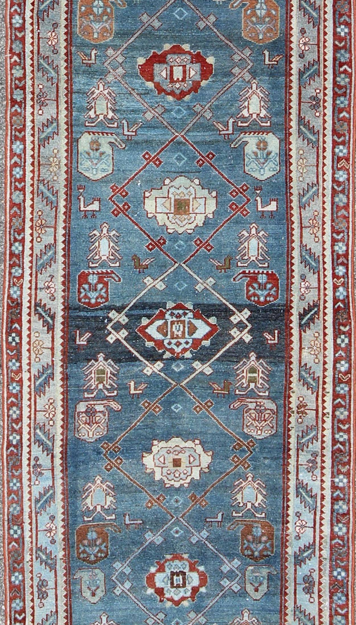 Hand-Knotted Antique Persian Malayer Runner with Geometric Design in Blue Background For Sale