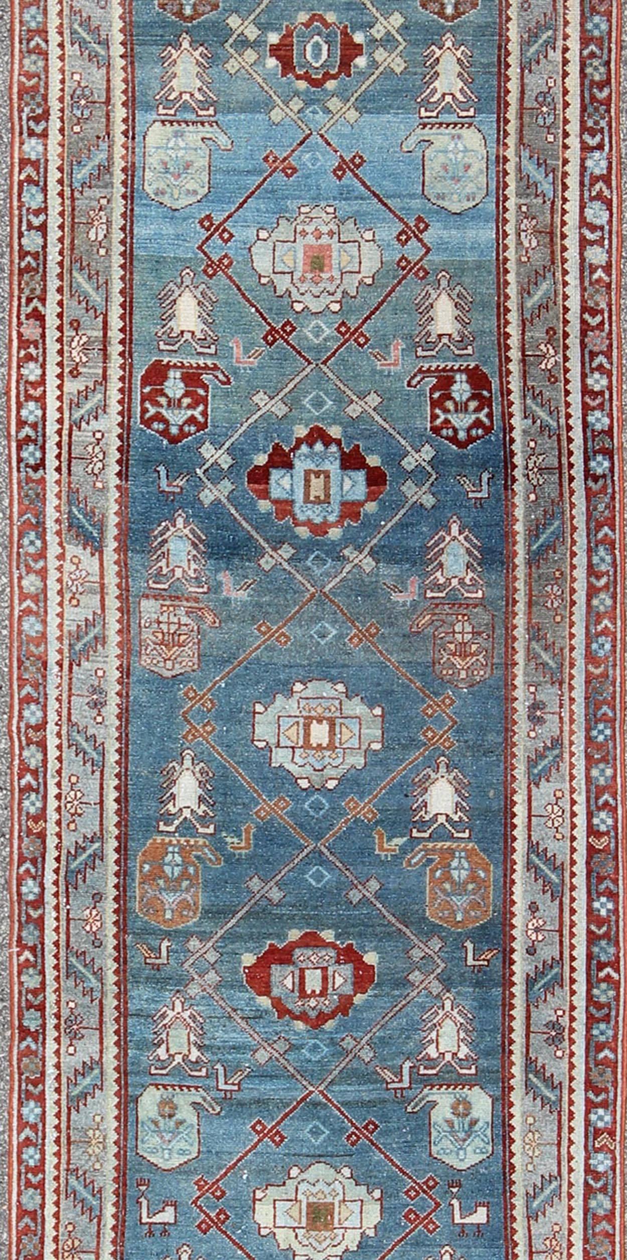 Antique Persian Malayer Runner with Geometric Design in Blue Background In Excellent Condition For Sale In Atlanta, GA