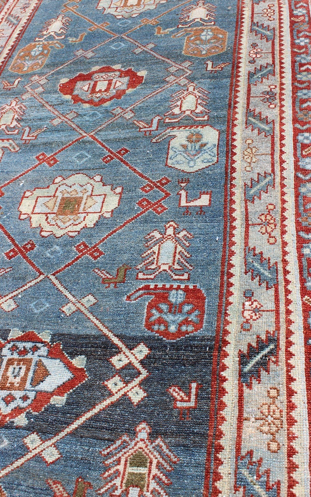 Wool Antique Persian Malayer Runner with Geometric Design in Blue Background For Sale