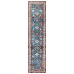 Antique Persian Malayer Runner with Geometric Design in Blue Background