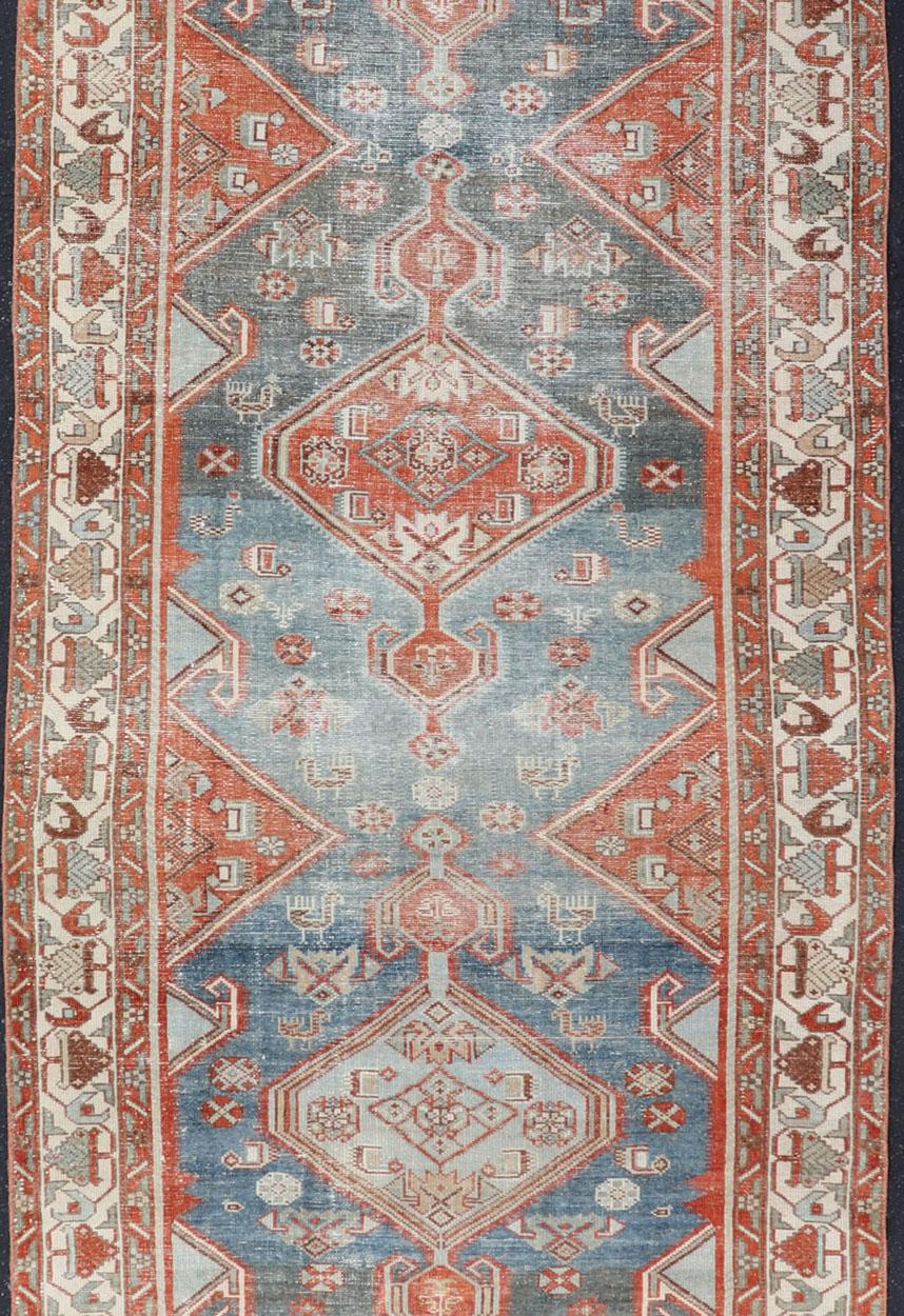 Hand-Knotted Antique Persian Malayer Runner with Geometric Medallion Design For Sale