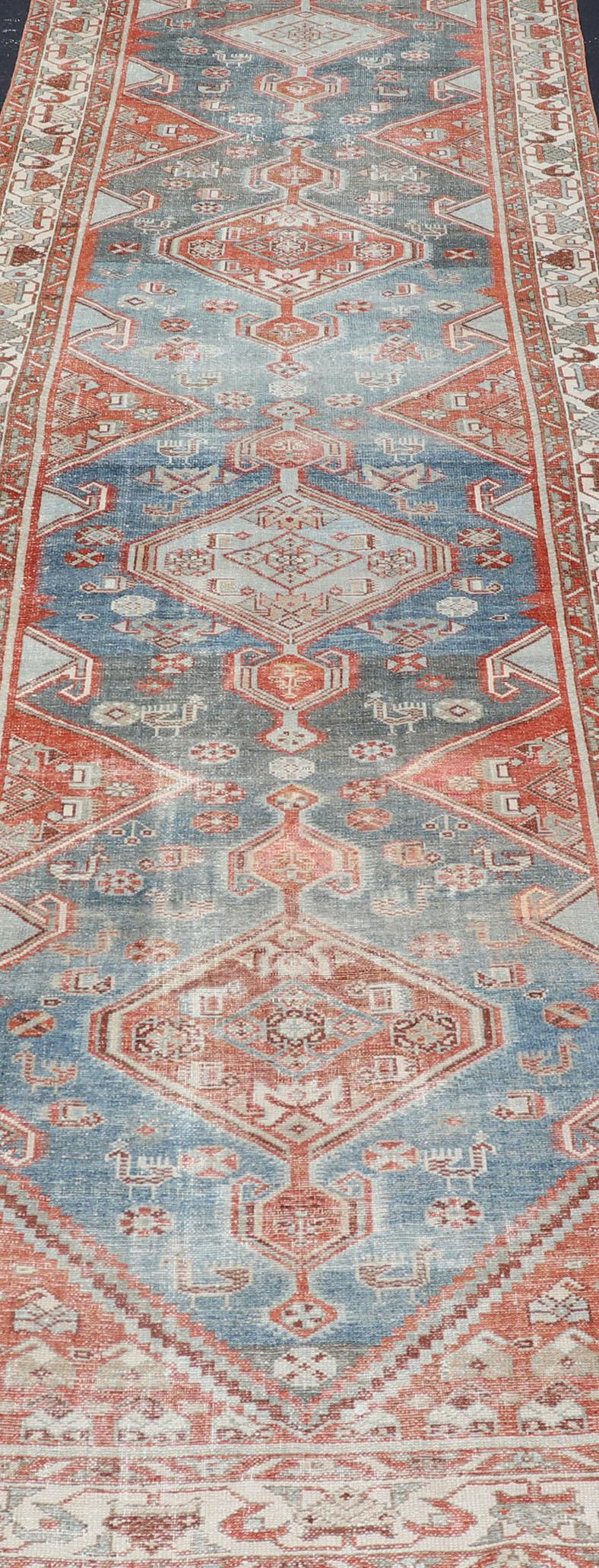 20th Century Antique Persian Malayer Runner with Geometric Medallion Design For Sale