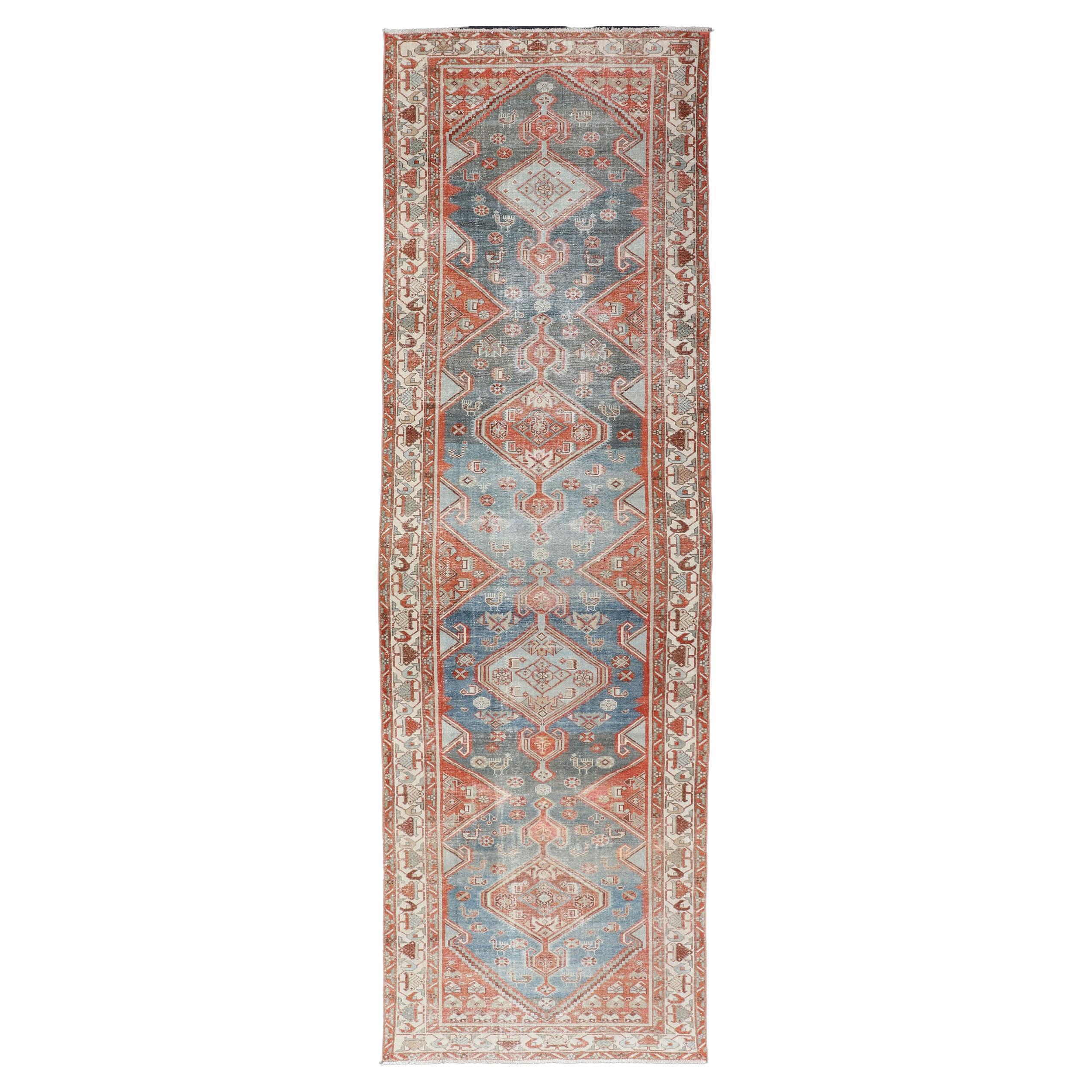 Antique Persian Malayer Runner with Geometric Medallion Design For Sale
