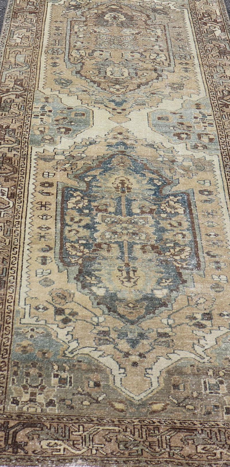 Antique Persian Malayer Runner With Geometric Medallion Design in Blue and Tan For Sale 4