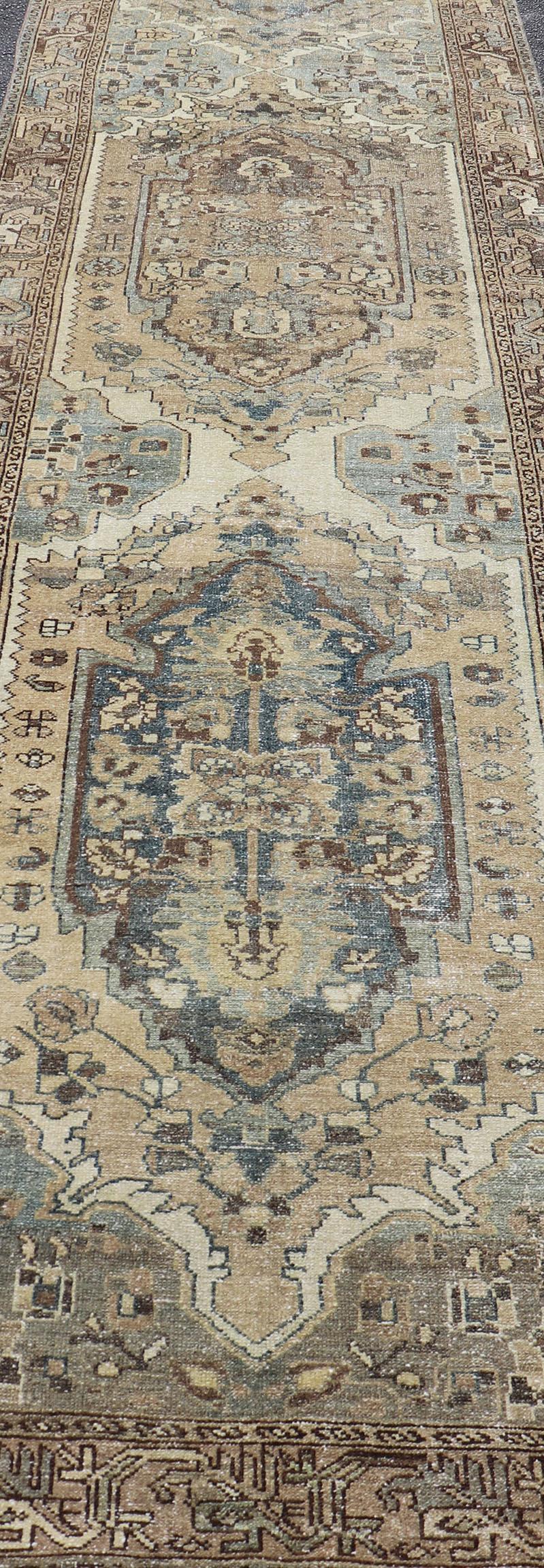 Antique Persian Malayer Runner With Geometric Medallion Design in Blue and Tan For Sale 5