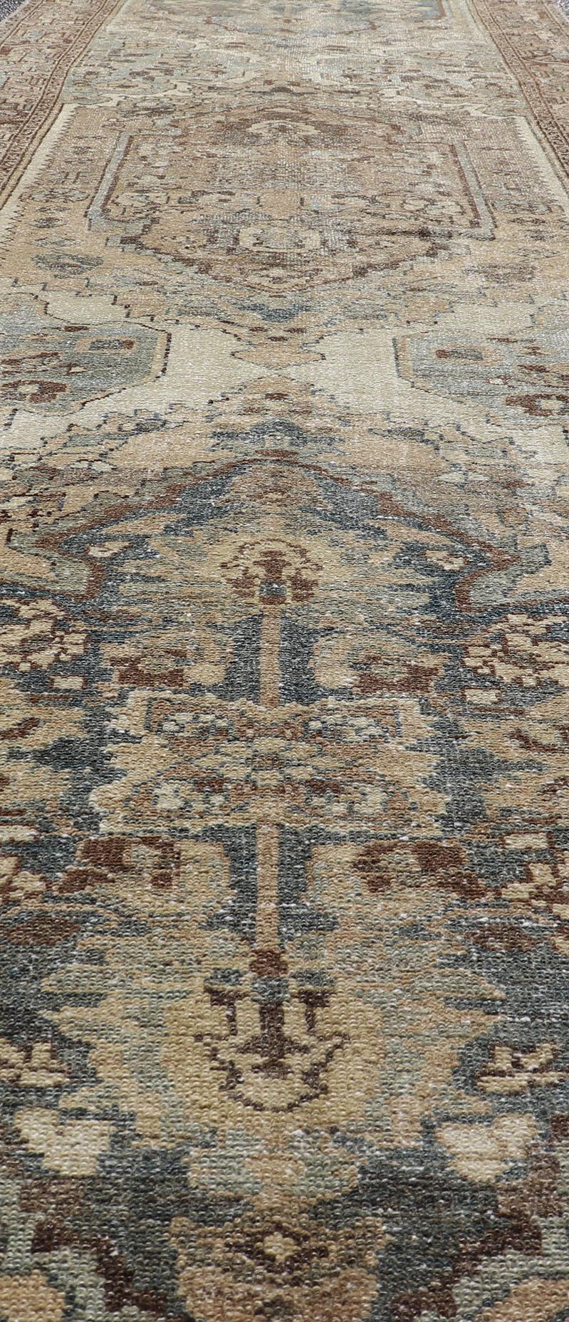 Antique Persian Malayer Runner With Geometric Medallion Design in Blue and Tan For Sale 6