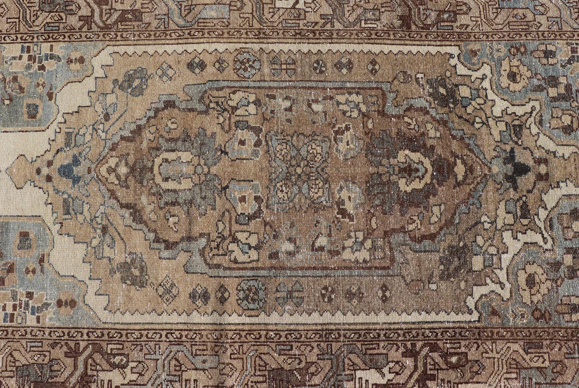Antique Persian Malayer Runner With Geometric Medallion Design in Blue and Tan For Sale 7