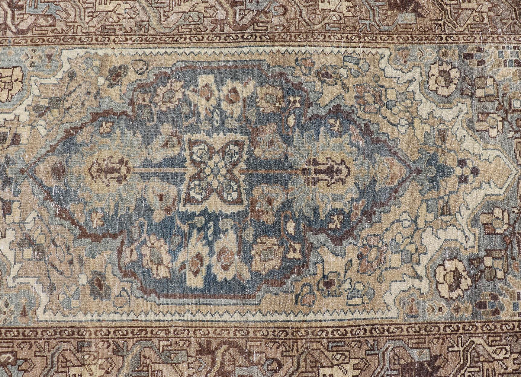 Long Antique Persian Malayer Runner With Geometric Medallion Design in Blue, light brown, Taupe and Tan

Measures: 3'5 x 15'3 

Antique Persian Malayer Runner with Geometric tri-medallion Design. Keivan Woven Arts / rug EMB-22221-15006, country