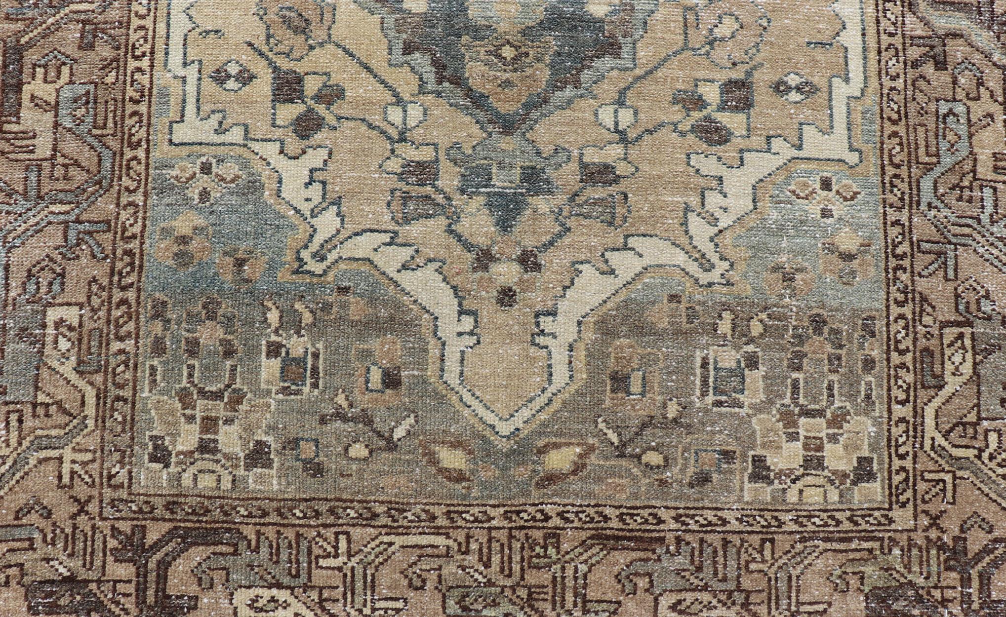 Antique Persian Malayer Runner With Geometric Medallion Design in Blue and Tan In Good Condition For Sale In Atlanta, GA
