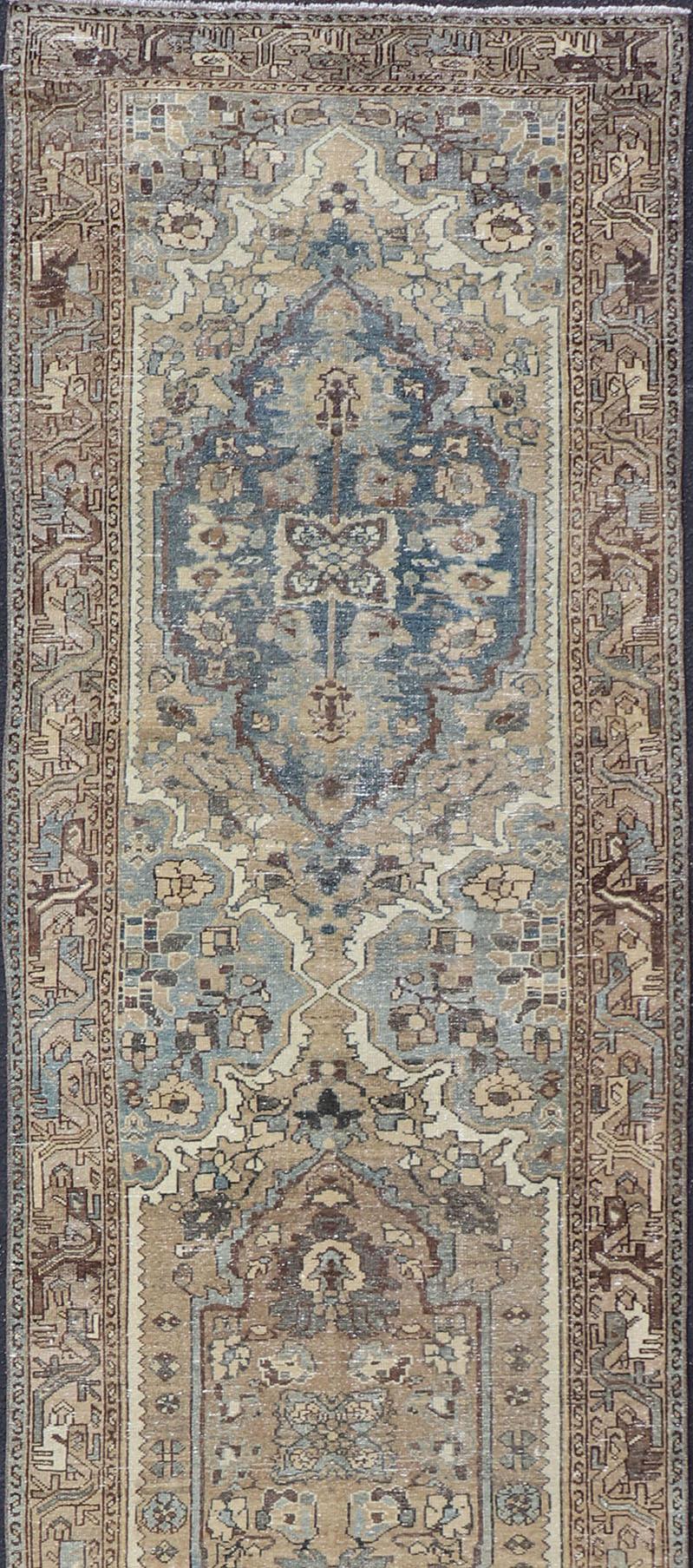 20th Century Antique Persian Malayer Runner With Geometric Medallion Design in Blue and Tan For Sale
