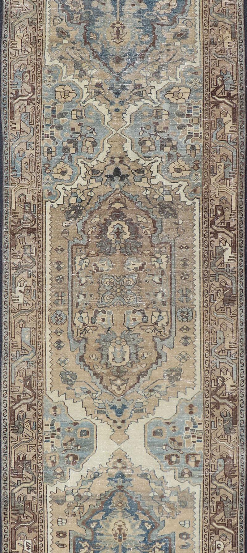 Wool Antique Persian Malayer Runner With Geometric Medallion Design in Blue and Tan For Sale