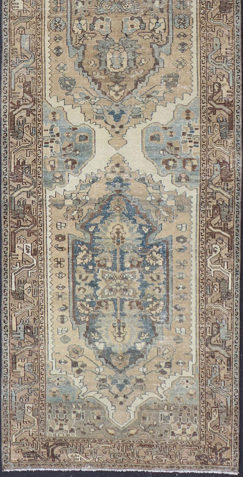 Antique Persian Malayer Runner With Geometric Medallion Design in Blue and Tan For Sale 1