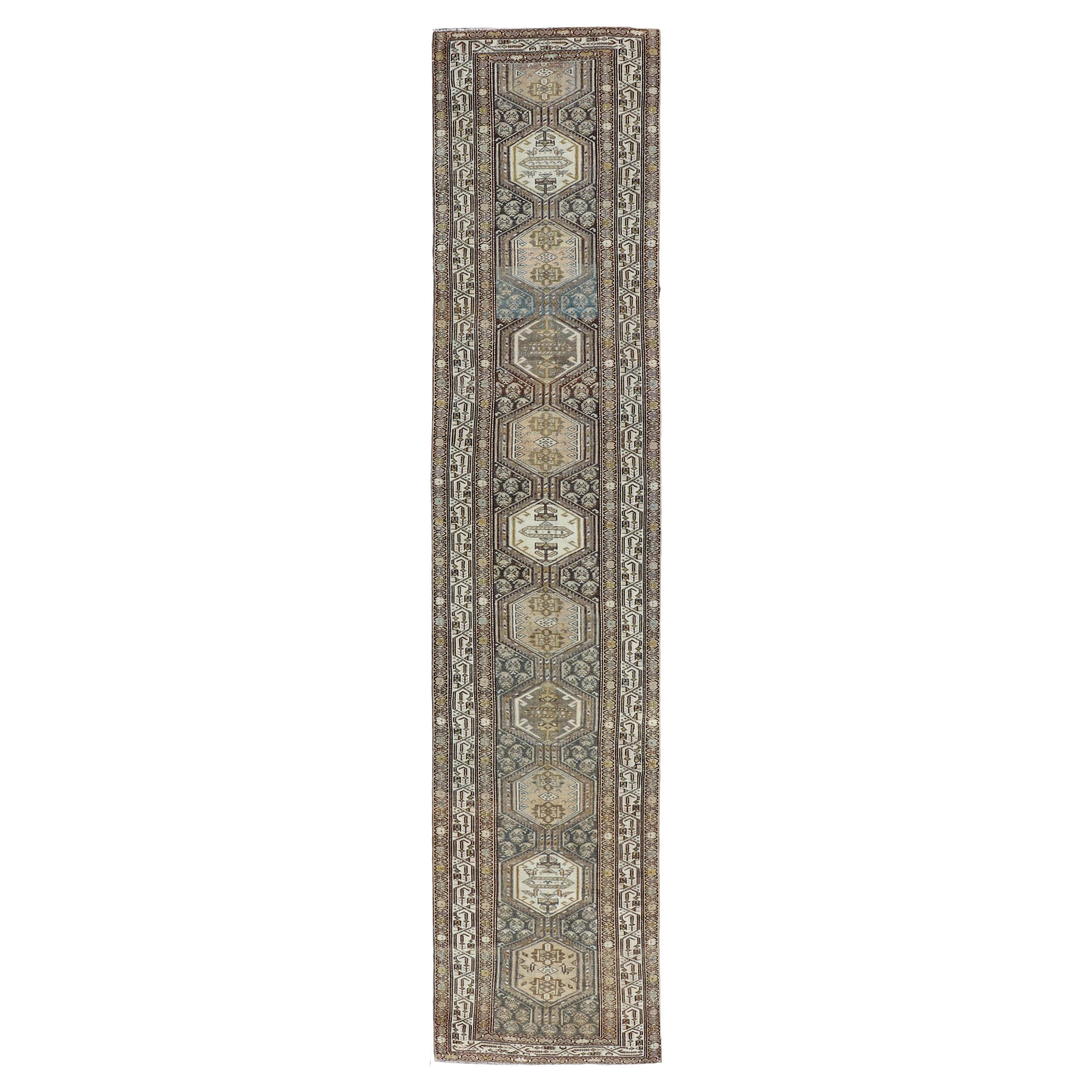 Antico runner persiano Malayer con medaglioni geometrici 3'3 "X15'9"