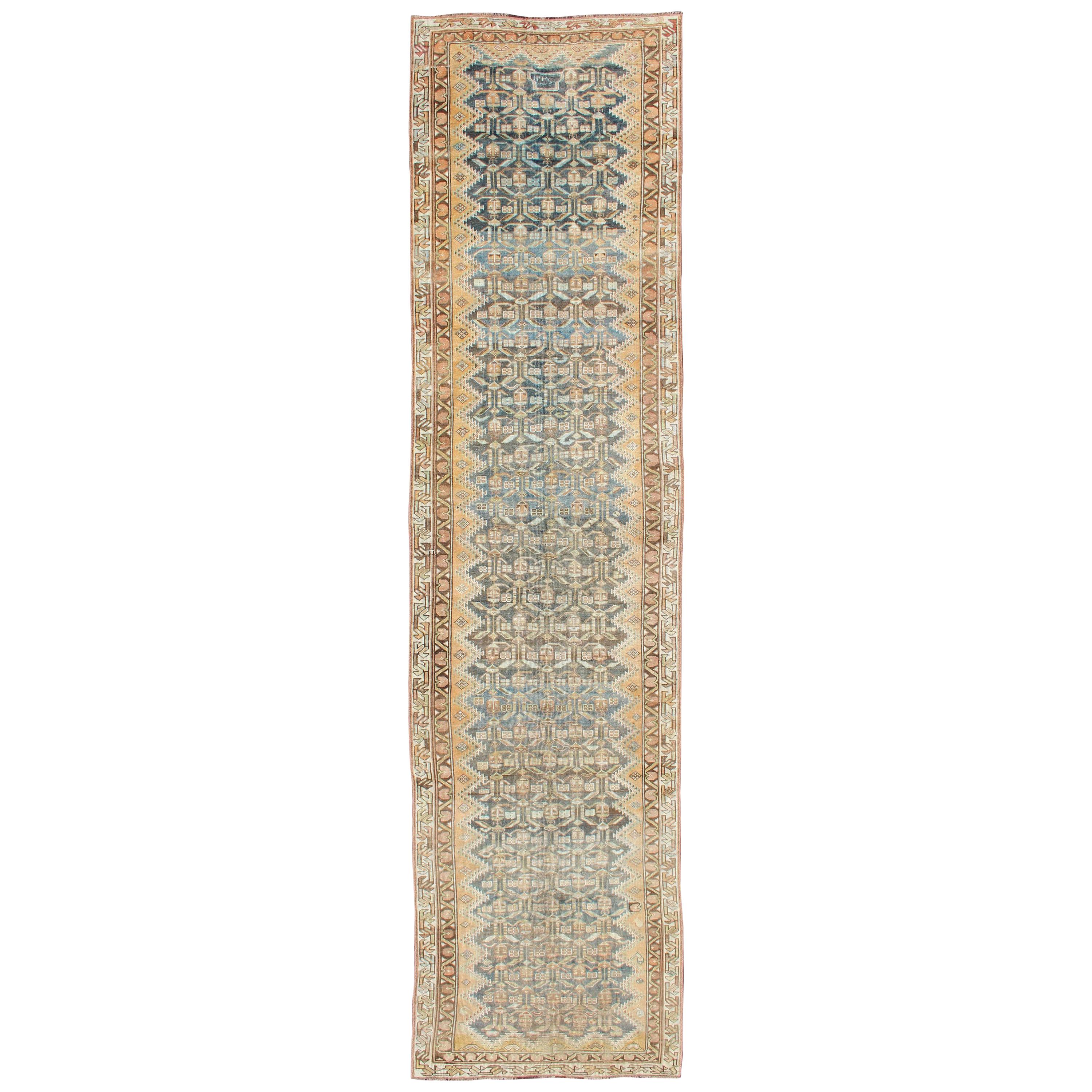 Antique Persian Malayer Runner with Teal, Gray, Blue & Brown in Geometric Design For Sale