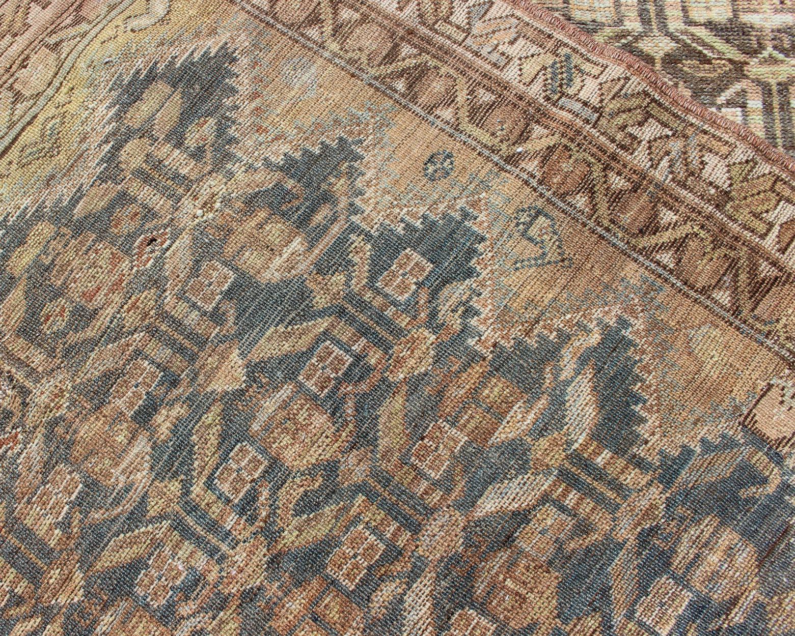 Hand-Knotted Antique Persian Malayer Runner with Teal, Gray, Blue & Brown in Geometric Design For Sale