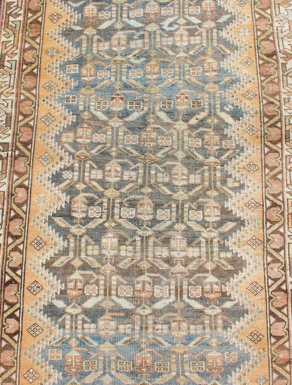 Early 20th Century Antique Persian Malayer Runner with Teal, Gray, Blue & Brown in Geometric Design For Sale