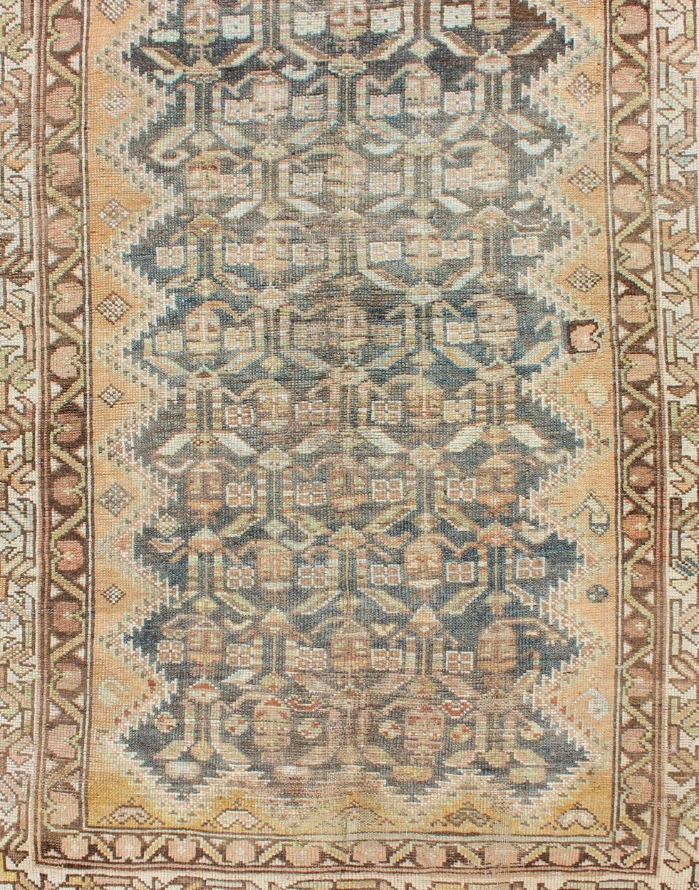 Antique Persian Malayer Runner with Teal, Gray, Blue & Brown in Geometric Design For Sale 1