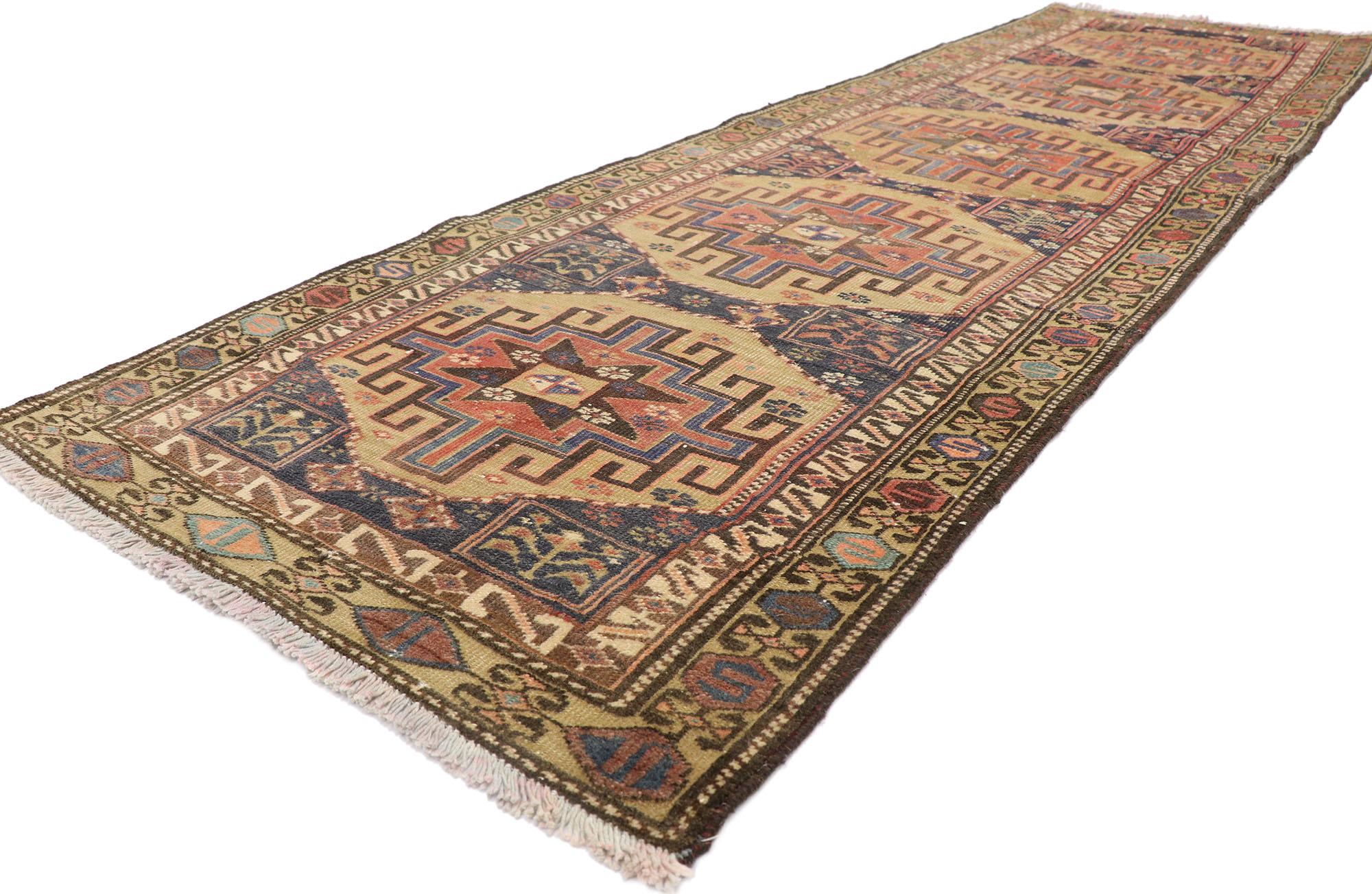 60945 Antique Persian Malayer Runner with Masculine Tribal Style 03'01 x 09'08. Warm and inviting with a bold tribal design with rustic sensibility, this hand-knotted wool antique Persian Azerbaijan runner is poised to impress. The abrashed brown