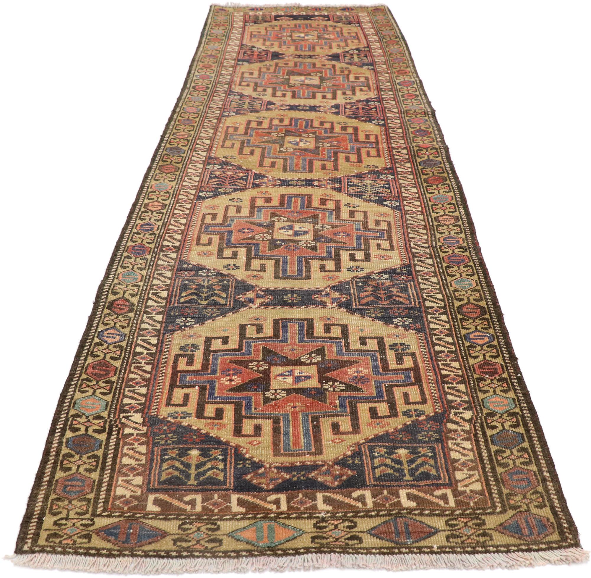 Hand-Knotted Antique Persian Malayer Runner with Masculine Tribal Style For Sale