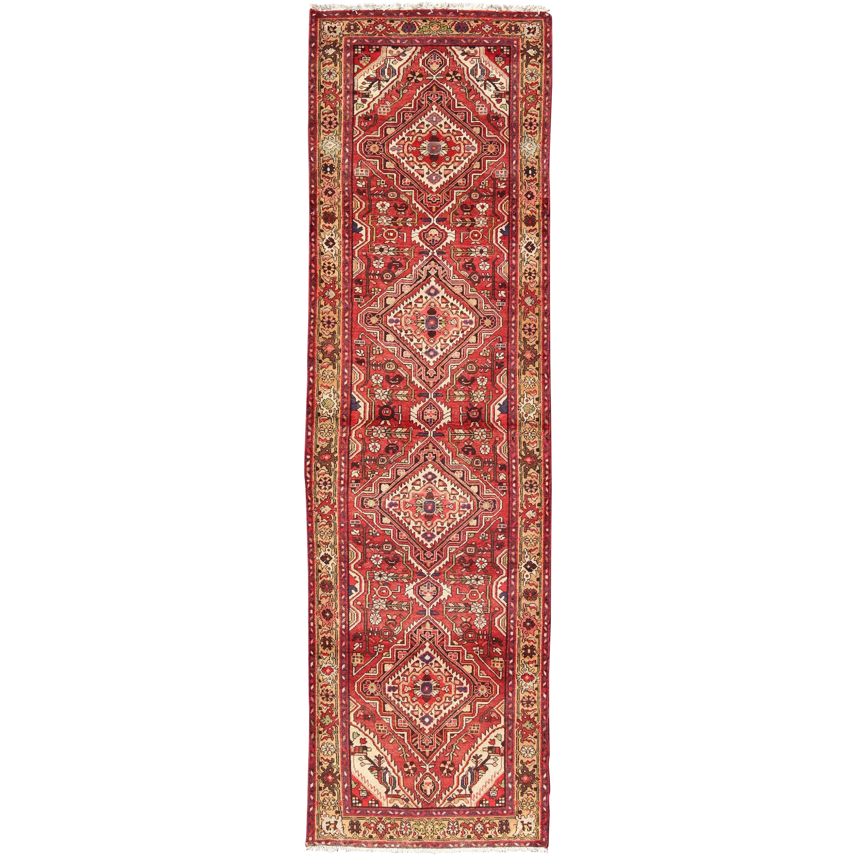 Antique Persian Malayer Runner with Medallion Design in Beautiful Red and Khaki