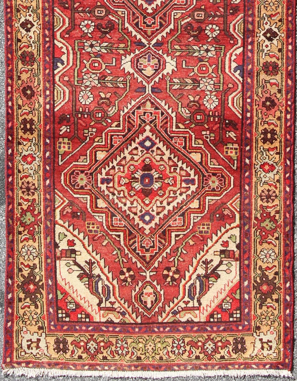 Hand-Knotted Antique Persian Malayer Runner with Medallion Design in Beautiful Red and Khaki For Sale