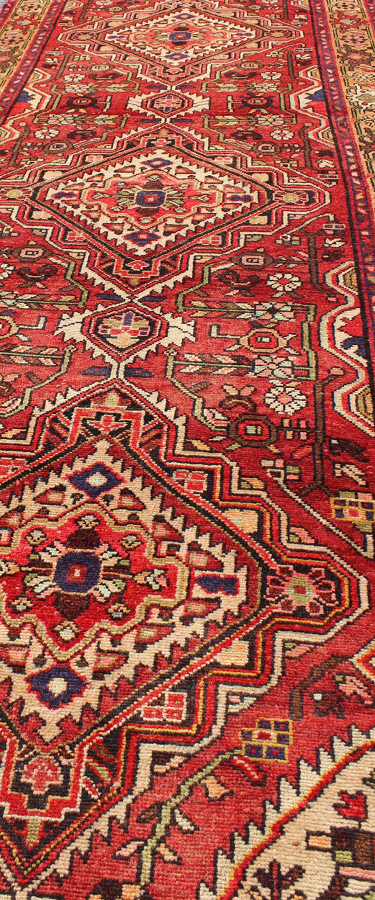 Wool Antique Persian Malayer Runner with Medallion Design in Beautiful Red and Khaki For Sale