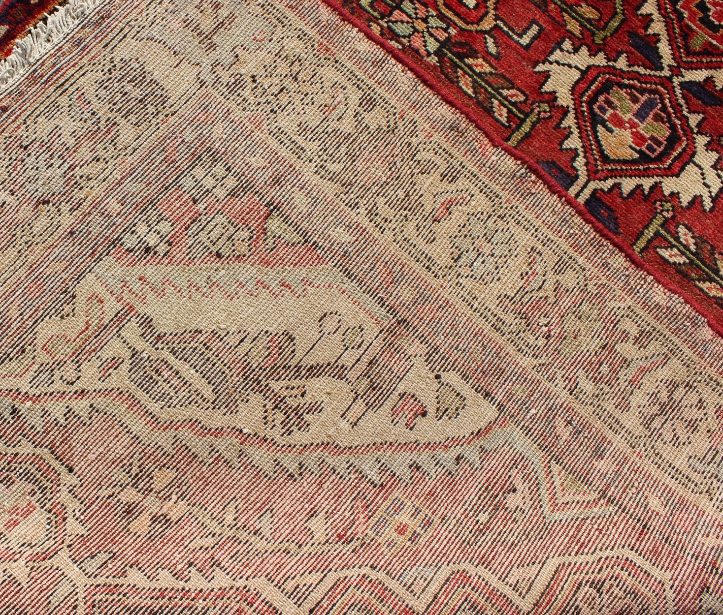 Antique Persian Malayer Runner with Medallion Design in Beautiful Red and Khaki For Sale 1
