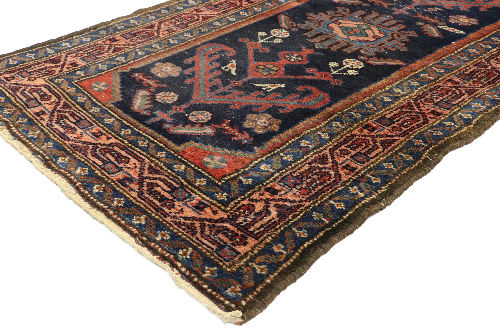 77500, antique Persian Malayer runner with Mid-Century Modern style, extra-long hallway runner 02'08 x 19'10. With its geometric botanical design and mesmerizing well-balanced symmetry, this hand knotted wool antique Persian Malayer runner would