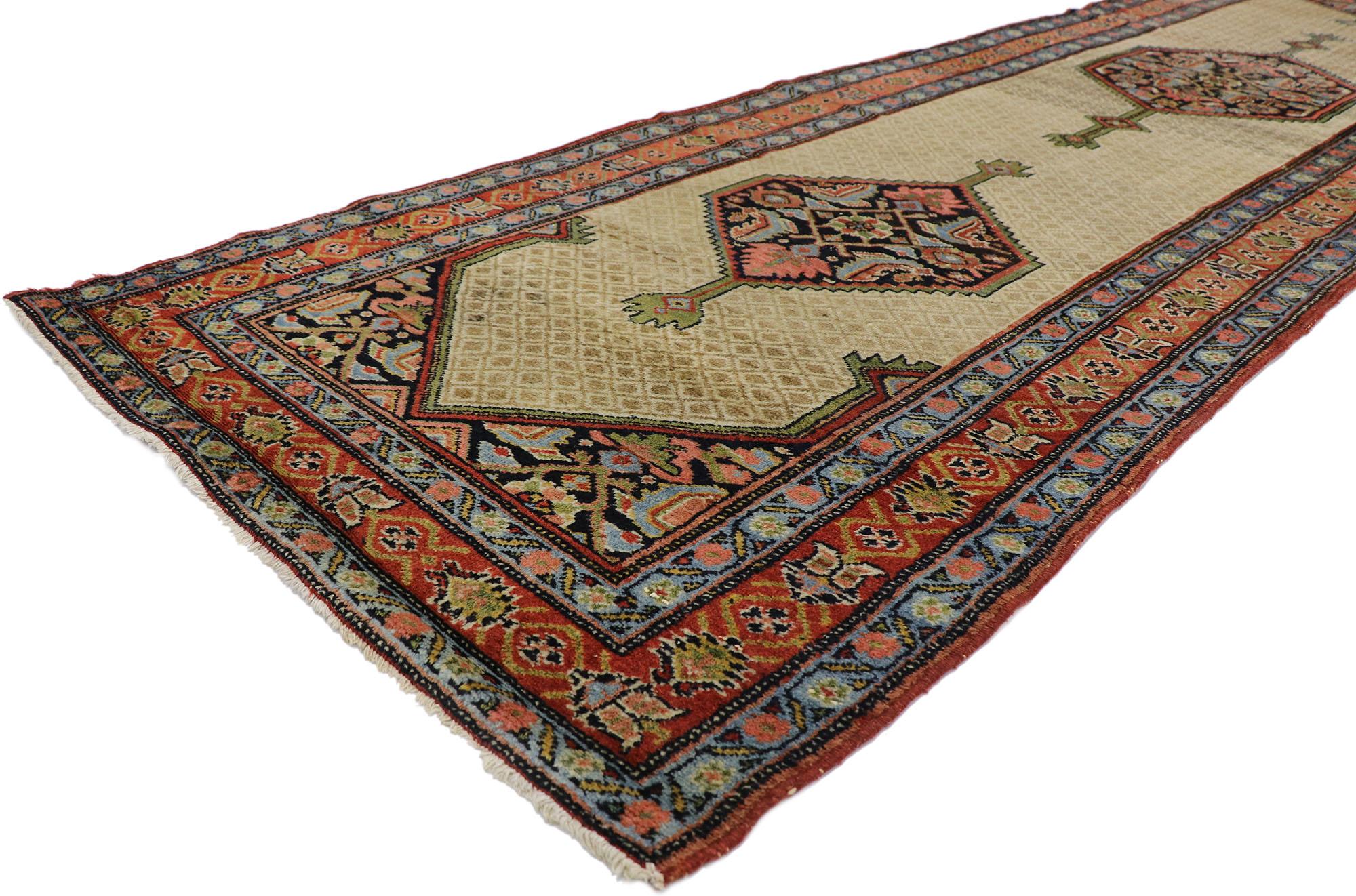 78119 antique Persian Malayer Runner with Modern Rustic English style 03'06 x 13'11. Cleverly composed and poised to impress with its rustic sensibility, this hand knotted wool antique Persian Malayer runner will take on a curated lived-in look that