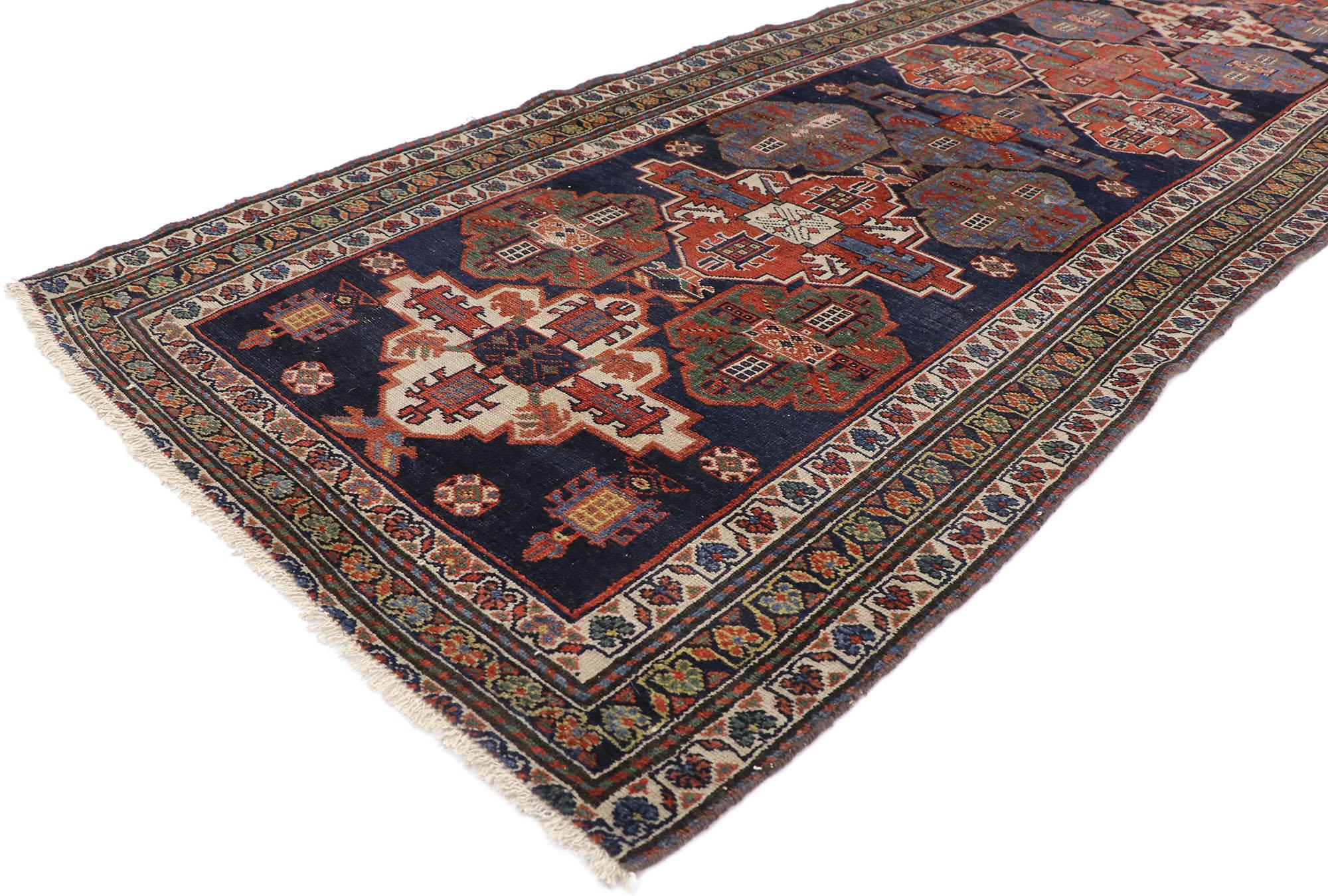 77015, antique Persian Malayer runner with modern tribal style, long hallway runner. This antique Persian Malayer runner with modern tribal style communicates some of the finer and more important points of geometric design elements. Classically