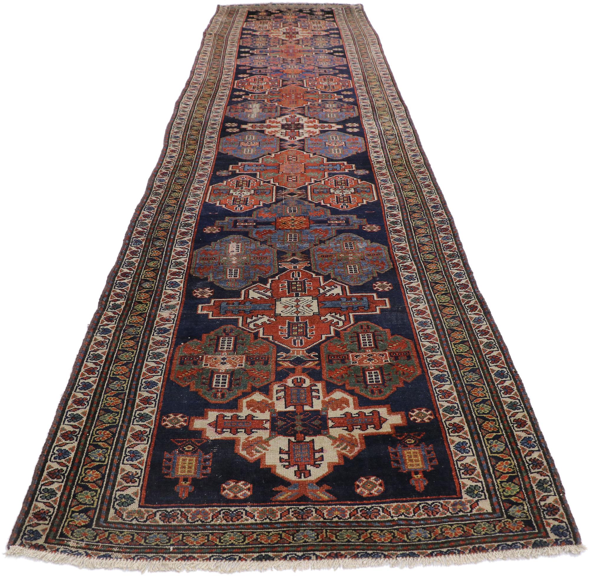 Caucasian Antique Persian Malayer Runner with Modern Tribal Style, Long Hallway Runner For Sale