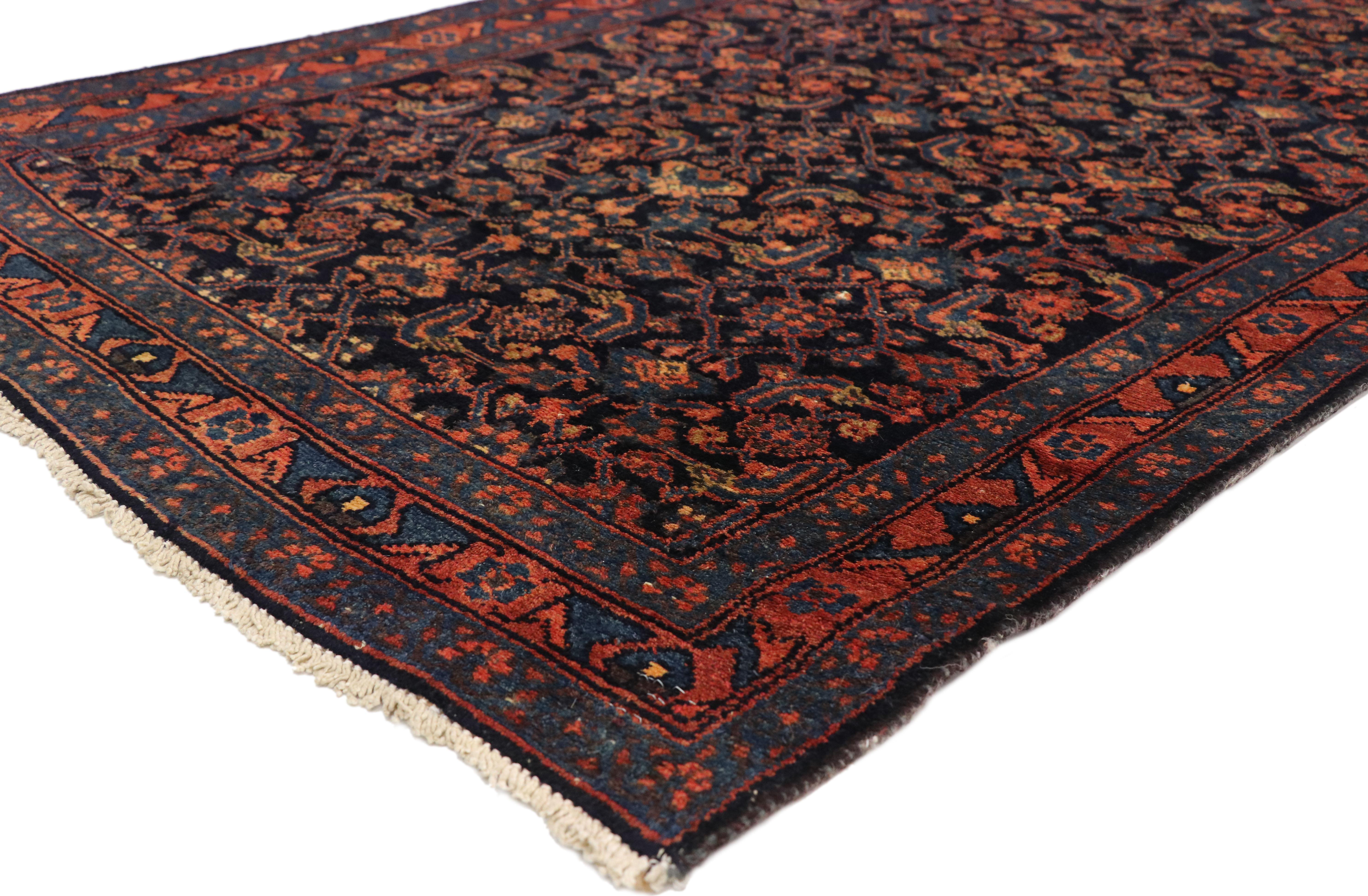 75365, antique Persian Malayer runner with modern Victorian style. This hand knotted wool antique Persian Malayer runner features an all-over Herati pattern spread across an abrashed field. The classic Herati pattern, also known as the Mahi or Fish