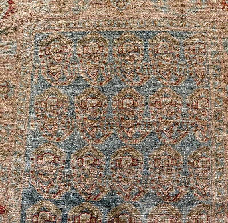 Measures: 3'8 x 16'7 
Antique Persian Malayer Runner with Paisley Design in Light Blue Background.  Keivan Woven Arts / rug EN-4652, country of origin / type: Iran / Malayer, circa 1920.

This antique Persian Malayer Gallery runner relies heavily on