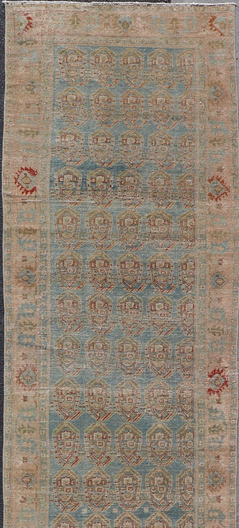 Hand-Knotted Antique Persian Malayer Runner with Paisley Design in Light Blue Background For Sale