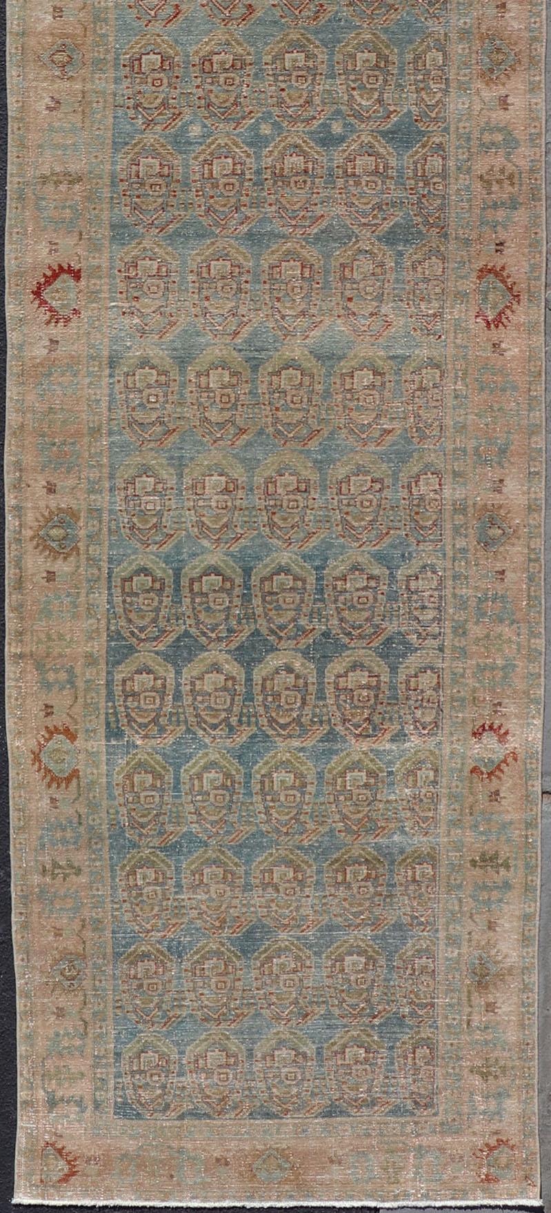 20th Century Antique Persian Malayer Runner with Paisley Design in Light Blue Background For Sale