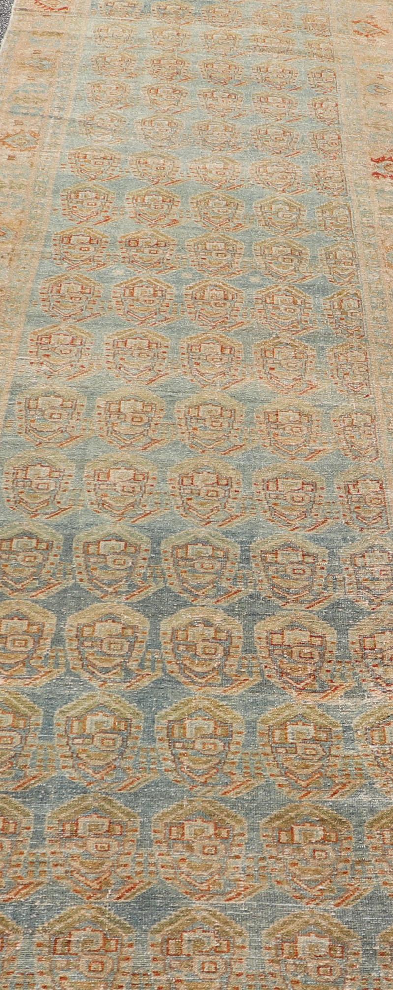 Wool Antique Persian Malayer Runner with Paisley Design in Light Blue Background For Sale