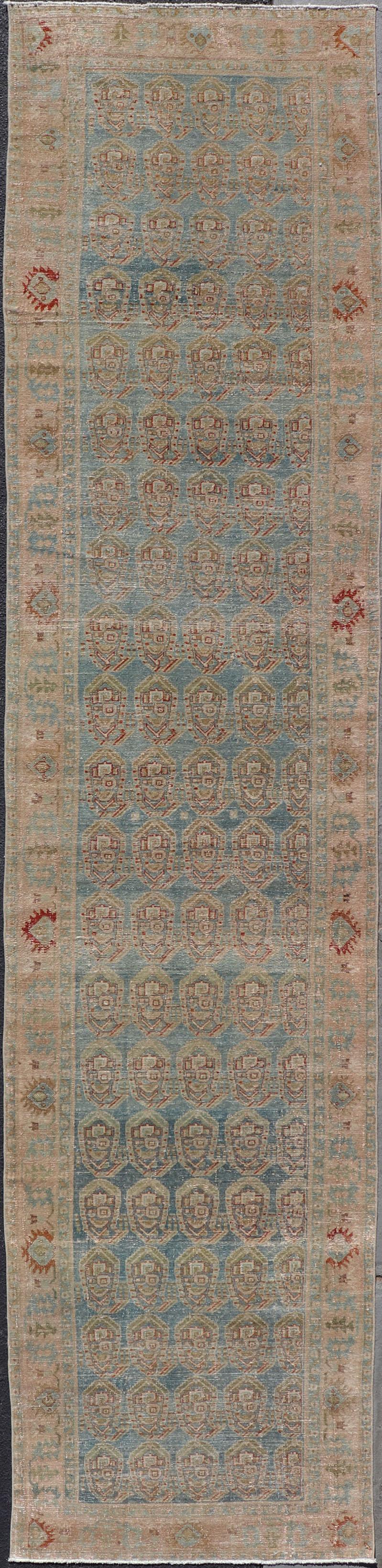 Antique Persian Malayer Runner with Paisley Design in Light Blue Background For Sale