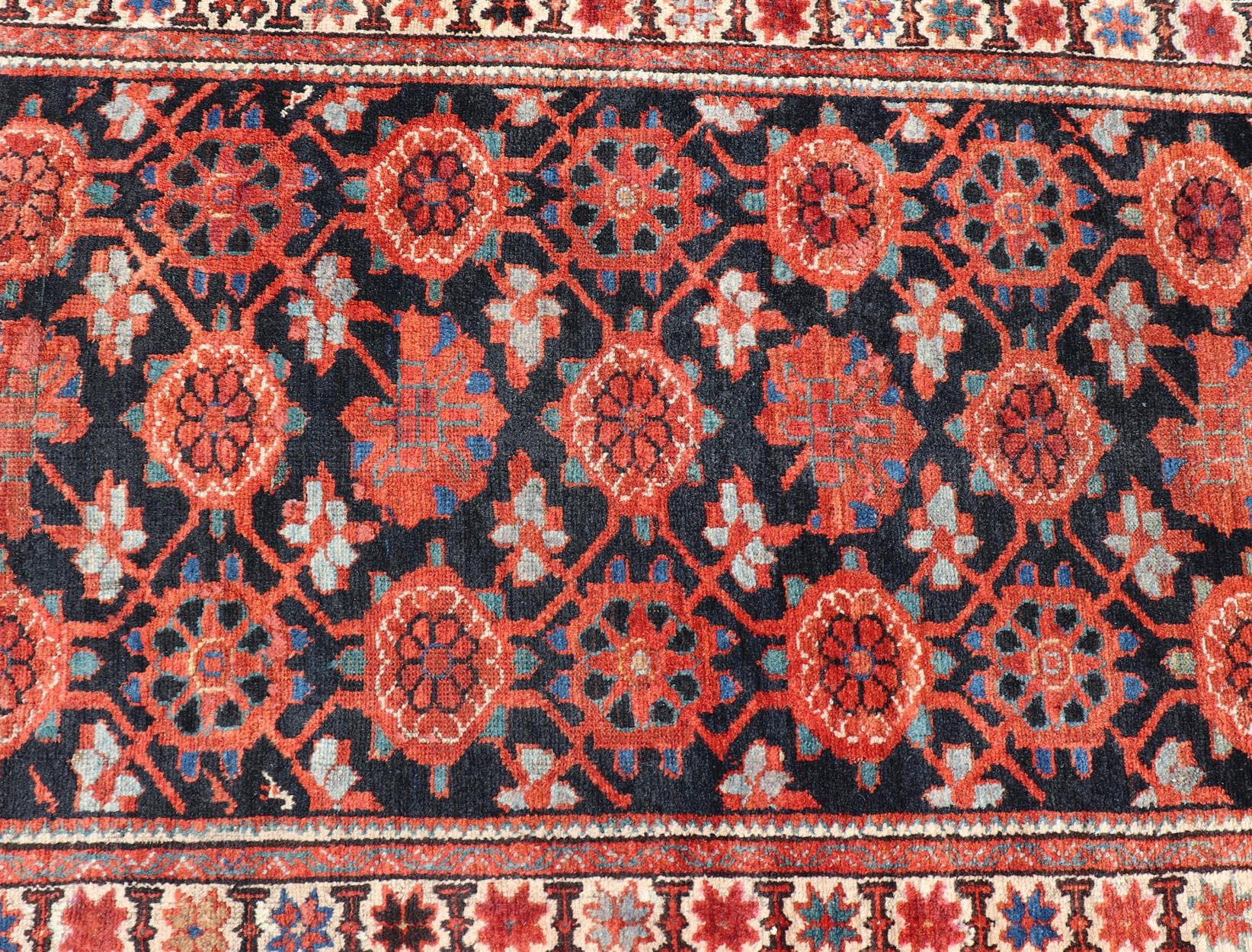 Antique Persian Malayer Runner with Reds and Oranges on a Charcoal Background For Sale 4